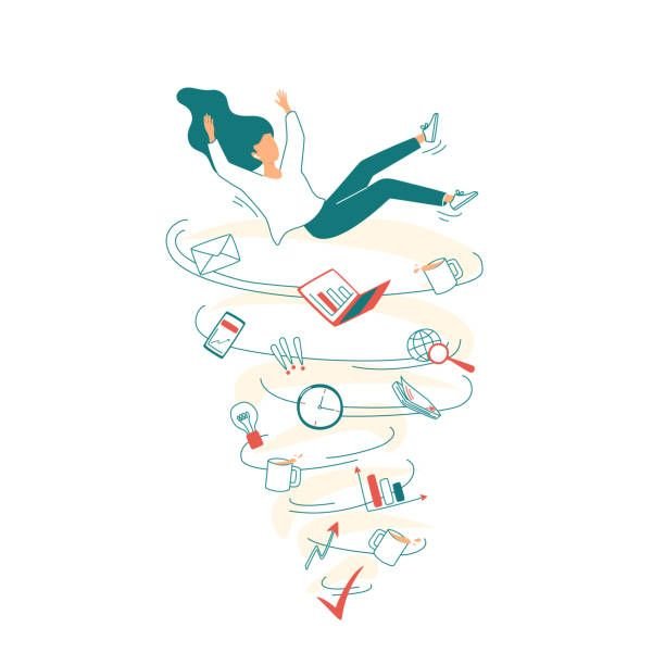 Illustratie van vrouw in spiraal van werkstress en overbelasting
