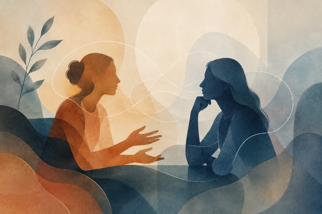 Abstracte illustratie van twee vrouwen in gesprek aan een tafel, met vloeiende lijnen en zachte kleurvlakken die verschillende communicatiestijlen en verbinding symboliseren.