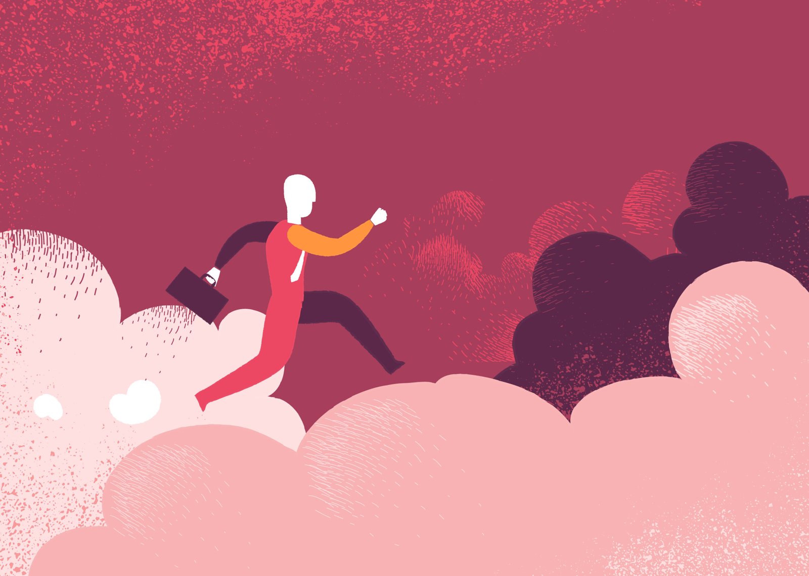Een illustratie in tinten roze en donkerrood. Een gestileerde figuur in een rood pak met een oranje mouw en een donkere aktetas rent energiek over roze wolken. Rechts tekenen zich donkerdere wolkenmassa's af, maar de figuur beweegt er met vaart en een vooruitgestoken vuist op af. Het beeld roept de energie op van iemand die niet stilstaat bij het aantal uren, maar met volle inzet en richting door zijn werkdag beweegt — gedreven door iets wat van binnenuit komt.