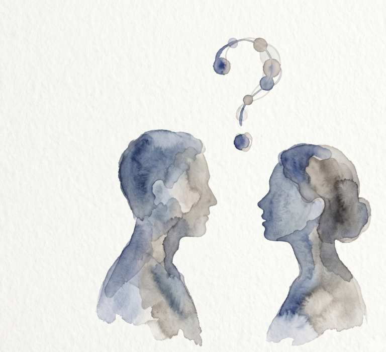 Twee aquarel-profielen in blauw en grijs die elkaar aankijken, met tussen hen een vraagteken opgebouwd uit losse verbonden cirkels, als beeld van een oprechte, nieuwsgierige vraag tussen twee mensen.