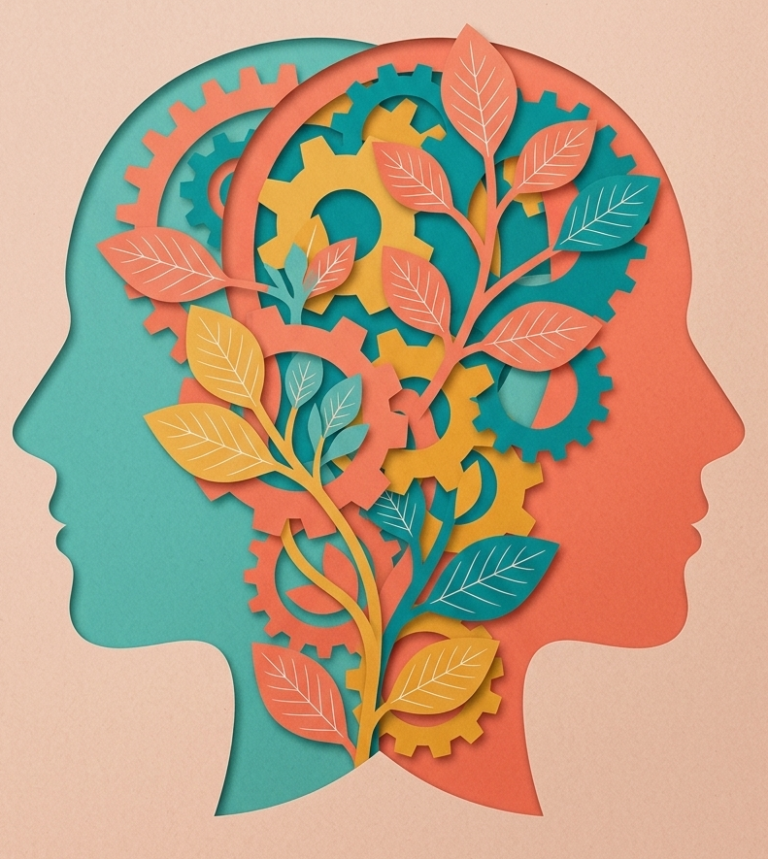 Papercut-illustratie van een menselijk hoofd in profiel met daarin tandwielen en groeiende planten met bladeren, in tinten turquoise, oranje en geel.