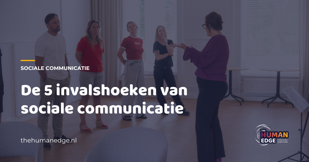 Kaart in merkkleur met vijf invalshoeken van sociale communicatie, The Human Edge
